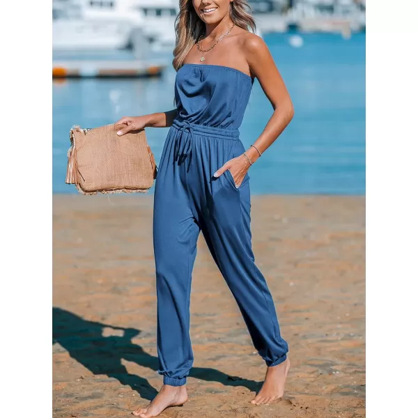 imageCUPSHE Womens Jumpsuits Tube Neck Tie Waist Tapered Leg Overall Sleeveless Outfit Casual BeachLight Blue
