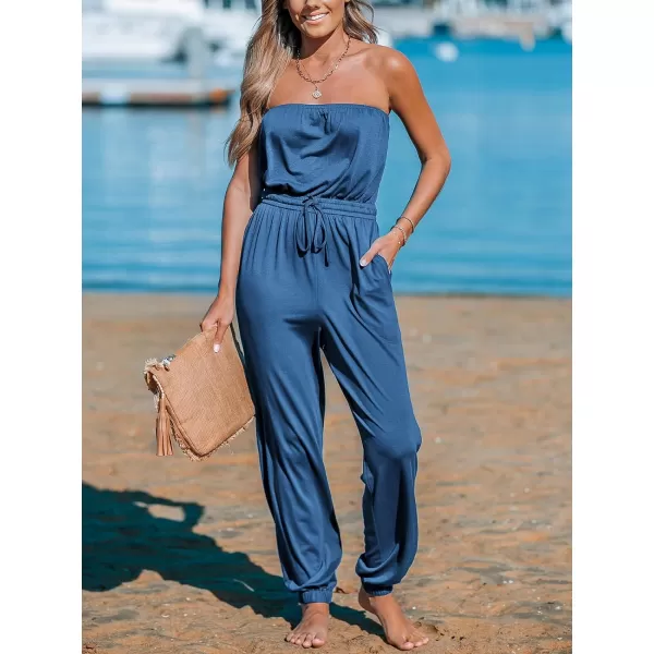 imageCUPSHE Womens Jumpsuits Tube Neck Tie Waist Tapered Leg Overall Sleeveless Outfit Casual BeachLight Blue