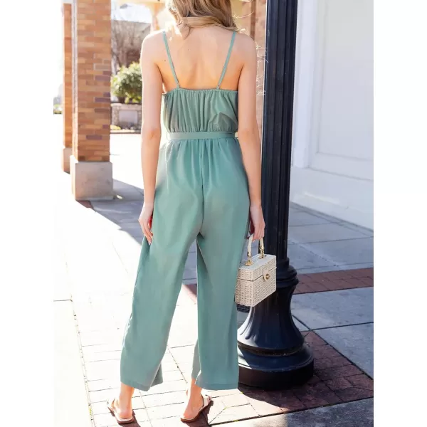 imageCUPSHE Womens Jumpsuits V Neck Button Sleeveless Belted Waist Pleated Wide Leg Overall Outfit with Pockets Casual BeachMint