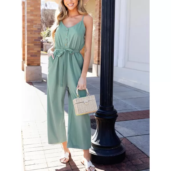 imageCUPSHE Womens Jumpsuits V Neck Button Sleeveless Belted Waist Pleated Wide Leg Overall Outfit with Pockets Casual BeachMint