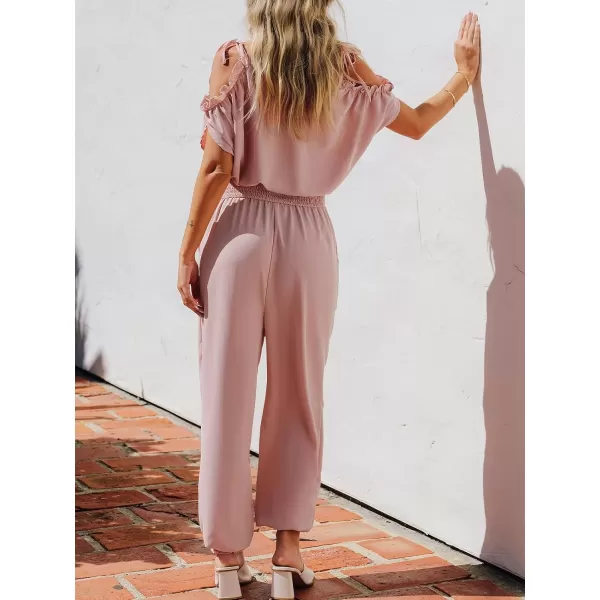 imageCUPSHE Womens Jumpsuits V Neck Short Sleeve Tapered Leg Overall Smocked Outfit Casual DressyPink