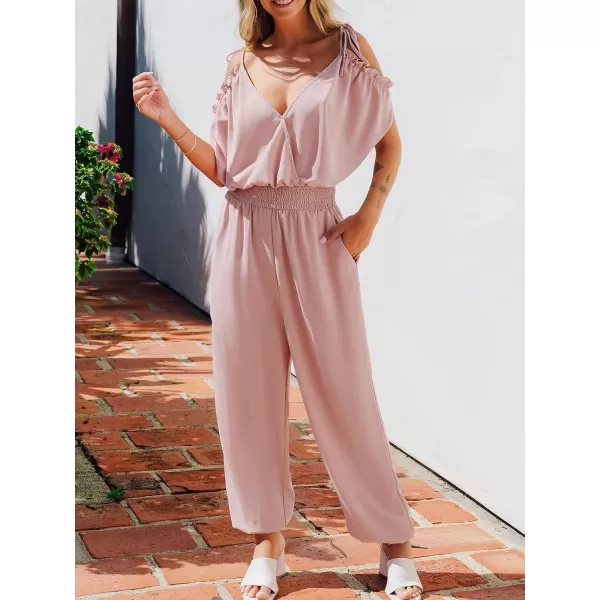 imageCUPSHE Womens Jumpsuits V Neck Short Sleeve Tapered Leg Overall Smocked Outfit Casual DressyPink