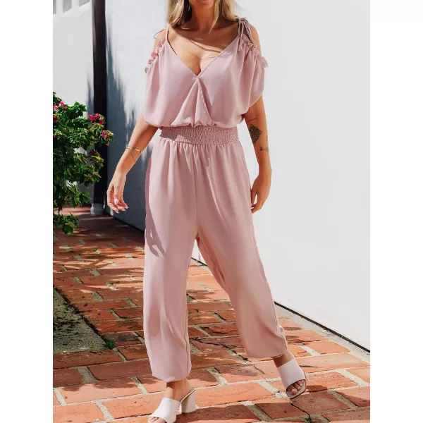 imageCUPSHE Womens Jumpsuits V Neck Short Sleeve Tapered Leg Overall Smocked Outfit Casual DressyPink