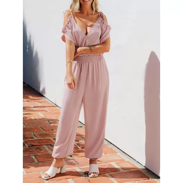 imageCUPSHE Womens Jumpsuits V Neck Short Sleeve Tapered Leg Overall Smocked Outfit Casual DressyPink