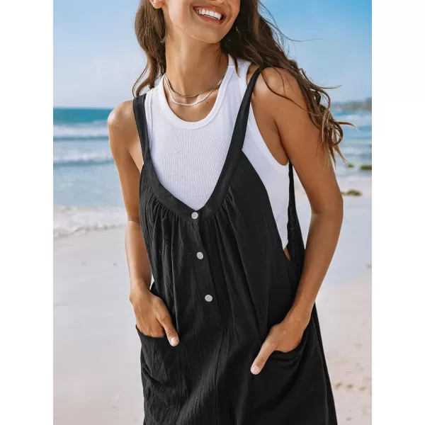 imageCUPSHE Womens Jumpsuits V Neck Sleeveless Overall Button Front Wide Leg Outfit with Patch Pockets CasualBlack