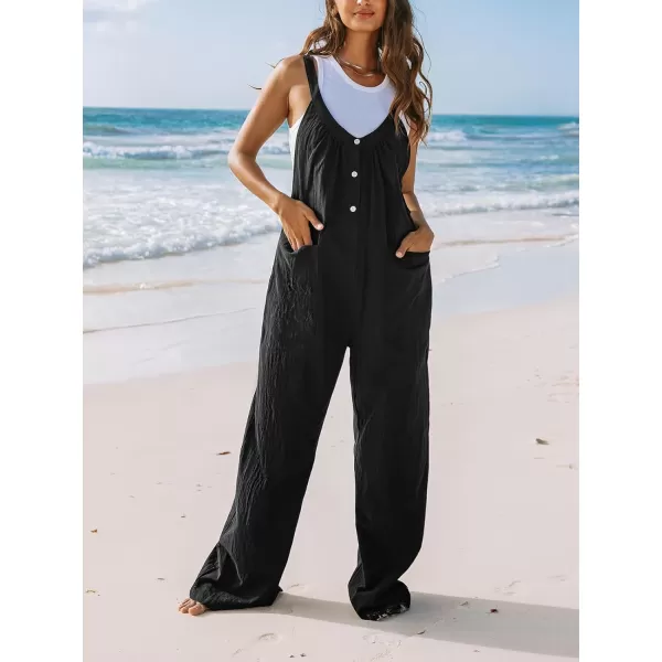 imageCUPSHE Womens Jumpsuits V Neck Sleeveless Overall Button Front Wide Leg Outfit with Patch Pockets CasualBlack