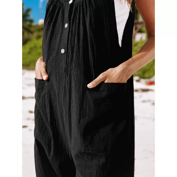 imageCUPSHE Womens Jumpsuits V Neck Sleeveless Overall Button Front Wide Leg Outfit with Patch Pockets CasualBlack