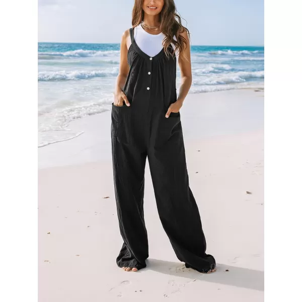 imageCUPSHE Womens Jumpsuits V Neck Sleeveless Overall Button Front Wide Leg Outfit with Patch Pockets CasualBlack