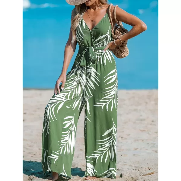 imageCUPSHE Womens Jumpsuits V Neck Tropical Wide Leg Overall Sleeveless Waist Tie Outfit Casual BeachGreen
