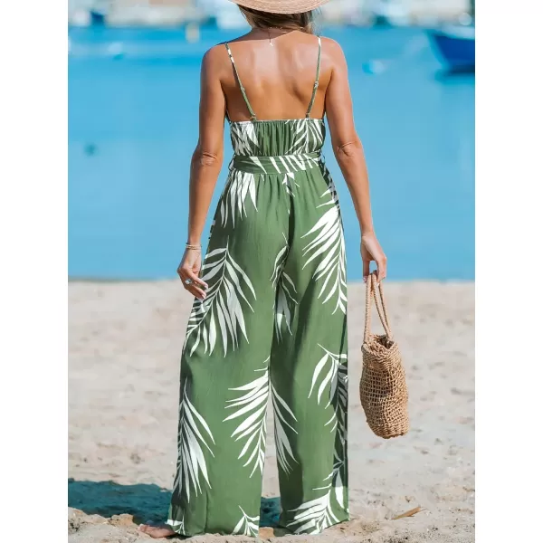 imageCUPSHE Womens Jumpsuits V Neck Tropical Wide Leg Overall Sleeveless Waist Tie Outfit Casual BeachGreen