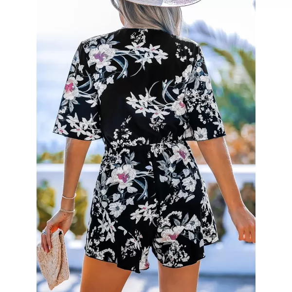 imageCUPSHE Womens Jumpsuits V Neck Wide Leg Short Sleeve Romper Overall Floral Tie Front Outfit Casual BeachBlack