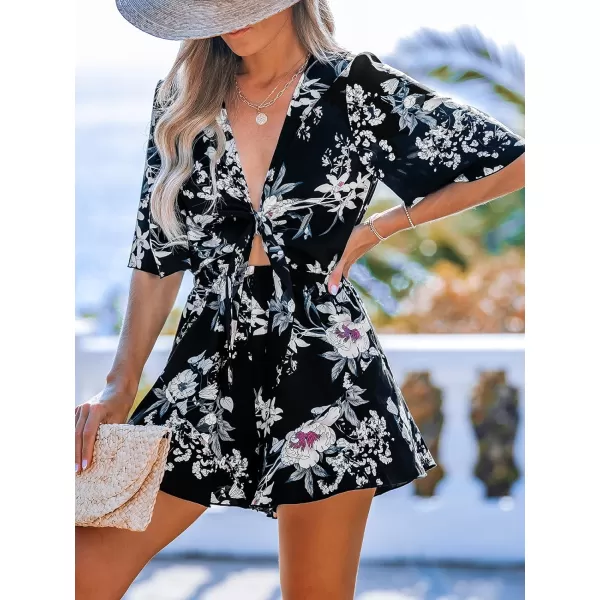 imageCUPSHE Womens Jumpsuits V Neck Wide Leg Short Sleeve Romper Overall Floral Tie Front Outfit Casual BeachBlack