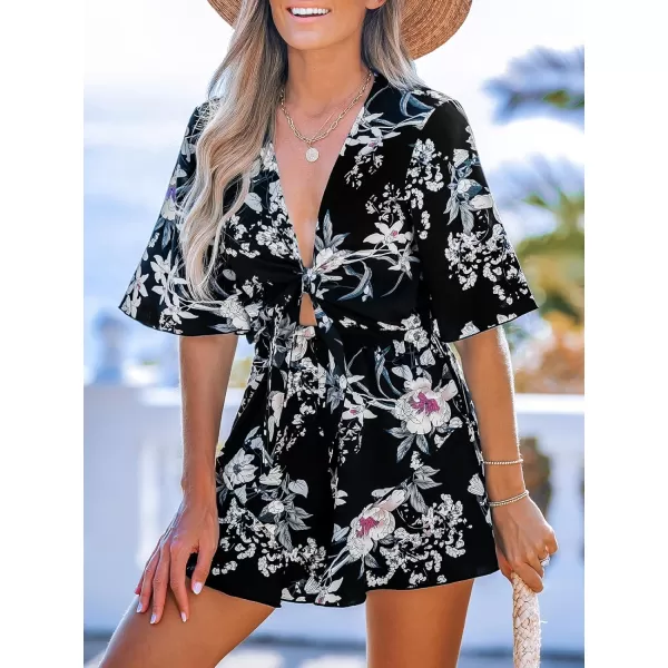 imageCUPSHE Womens Jumpsuits V Neck Wide Leg Short Sleeve Romper Overall Floral Tie Front Outfit Casual BeachBlack