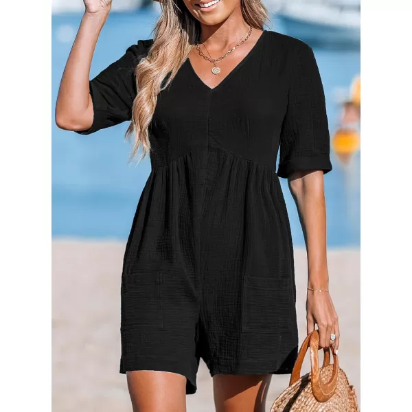 imageCUPSHE Womens Jumpsuits VNeck Wide Leg Romper Short Sleeves Overall with Front Pockets Outfit Casual BeachBlack