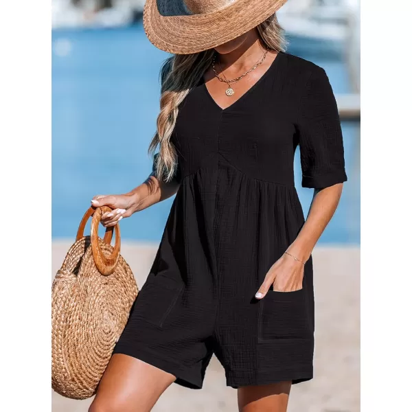 imageCUPSHE Womens Jumpsuits VNeck Wide Leg Romper Short Sleeves Overall with Front Pockets Outfit Casual BeachBlack