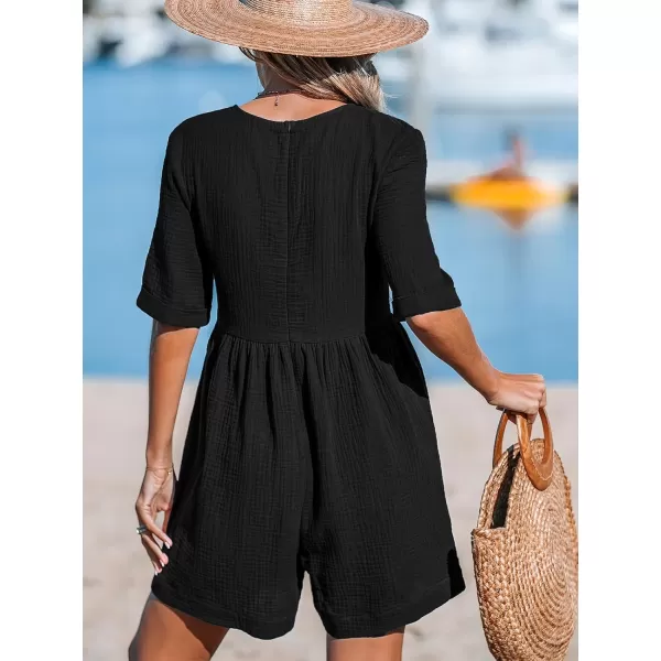 imageCUPSHE Womens Jumpsuits VNeck Wide Leg Romper Short Sleeves Overall with Front Pockets Outfit Casual BeachBlack