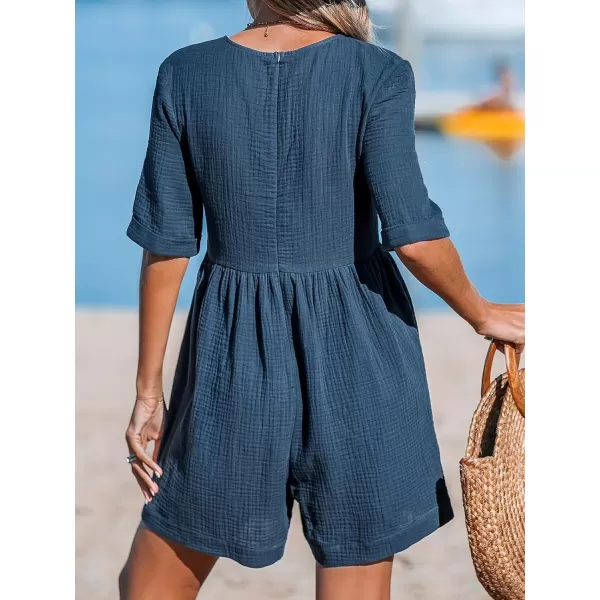 imageCUPSHE Womens Jumpsuits VNeck Wide Leg Romper Short Sleeves Overall with Front Pockets Outfit Casual BeachBlue