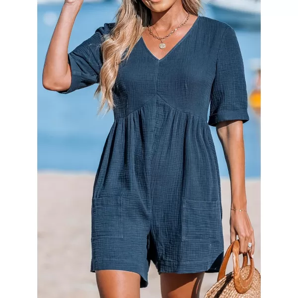 imageCUPSHE Womens Jumpsuits VNeck Wide Leg Romper Short Sleeves Overall with Front Pockets Outfit Casual BeachBlue