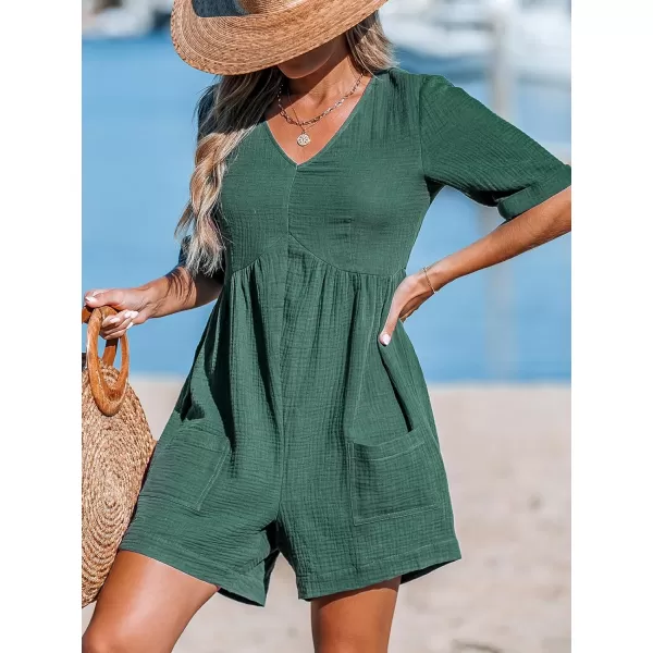 imageCUPSHE Womens Jumpsuits VNeck Wide Leg Romper Short Sleeves Overall with Front Pockets Outfit Casual BeachGreen
