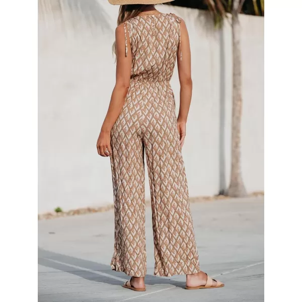 imageCUPSHE Womens Jumpsuits Wide Leg Romper Sleeveless V Neck Overall Drawstring Shoulders Outfit Casual BeachBrown
