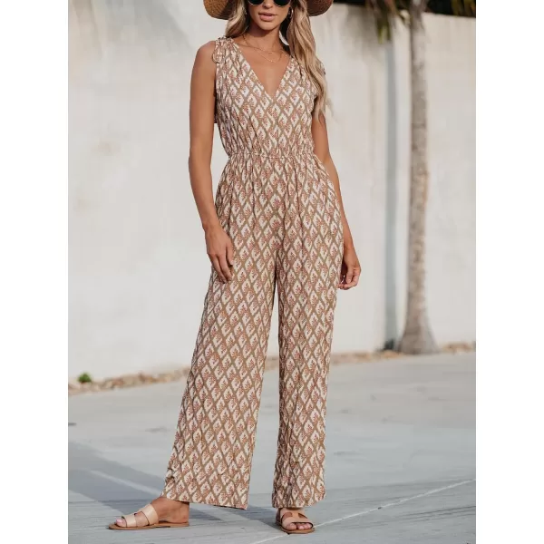 imageCUPSHE Womens Jumpsuits Wide Leg Romper Sleeveless V Neck Overall Drawstring Shoulders Outfit Casual BeachBrown