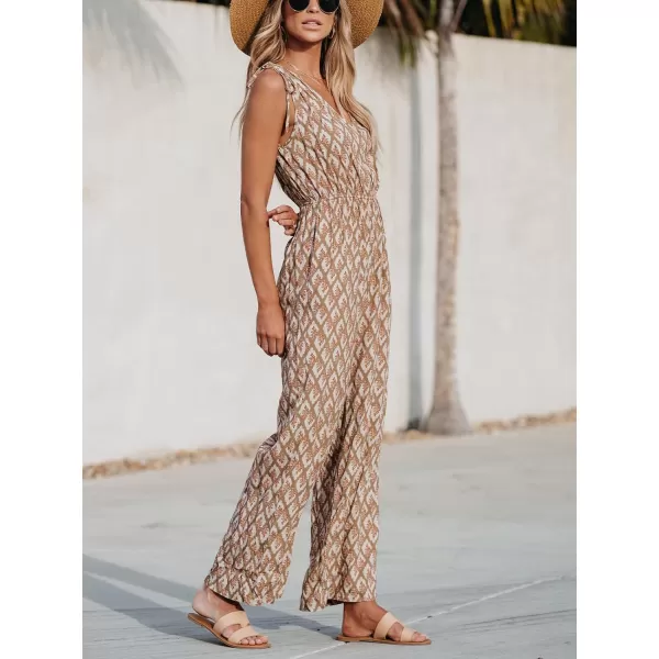 imageCUPSHE Womens Jumpsuits Wide Leg Romper Sleeveless V Neck Overall Drawstring Shoulders Outfit Casual BeachBrown