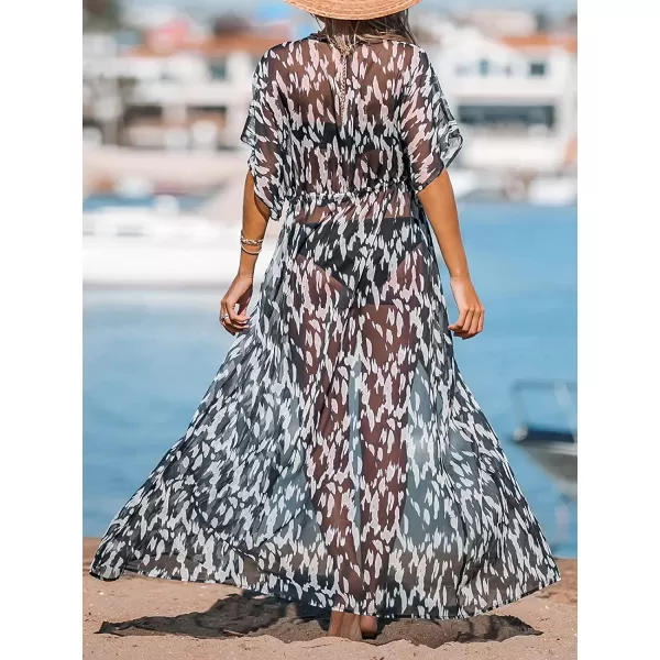 imageCUPSHE Womens Kimono Animal Print Open Front Cover Up Loose Bathing SuitBlack Leopard