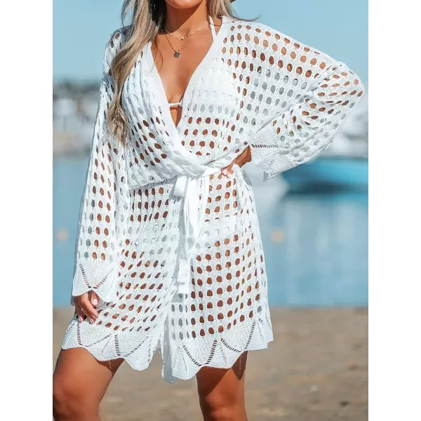 imageCUPSHE Womens Kimono Self Tie Bathing Suit Cover Up Cutout Swimsuit Beach mini Dress with Long SleevesWhite