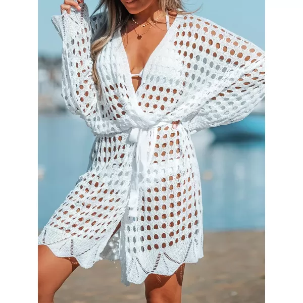 imageCUPSHE Womens Kimono Self Tie Bathing Suit Cover Up Cutout Swimsuit Beach mini Dress with Long SleevesWhite
