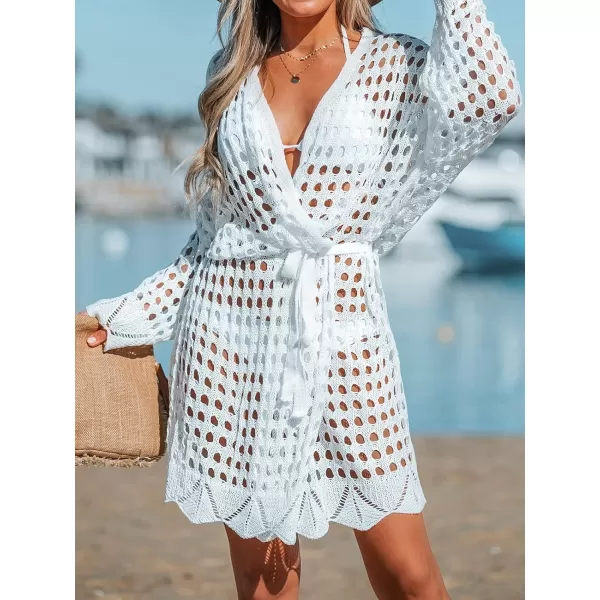 imageCUPSHE Womens Kimono Self Tie Bathing Suit Cover Up Cutout Swimsuit Beach mini Dress with Long SleevesWhite