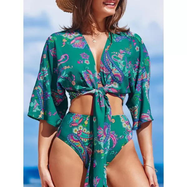 imageCUPSHE Womens Kimono Swimsuit Cover Up SelfTie Swimwear Floral Beach Loose TopsGreen