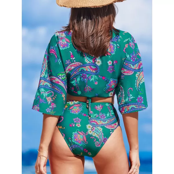 imageCUPSHE Womens Kimono Swimsuit Cover Up SelfTie Swimwear Floral Beach Loose TopsGreen