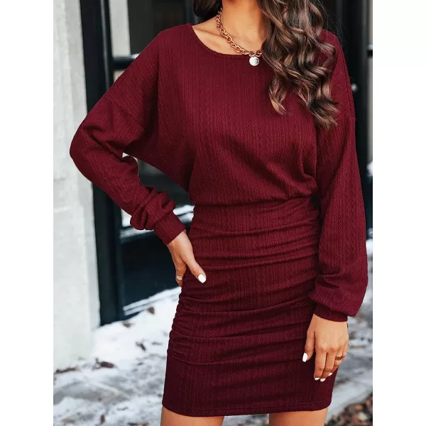 imageCUPSHE Womens Knit Dress Round Neck Elastic Waist Ruched BodyconWine Red