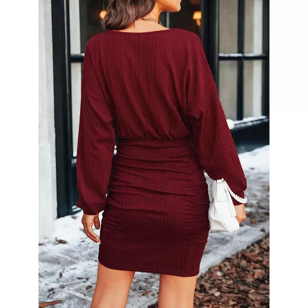imageCUPSHE Womens Knit Dress Round Neck Elastic Waist Ruched BodyconWine Red