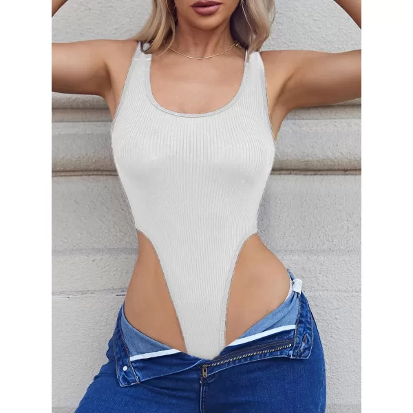 imageCUPSHE Womens Knit Rompers Scoop Neck Sleeveless High Cut Bodysuit Outfit Casual JumpsuitsWhite