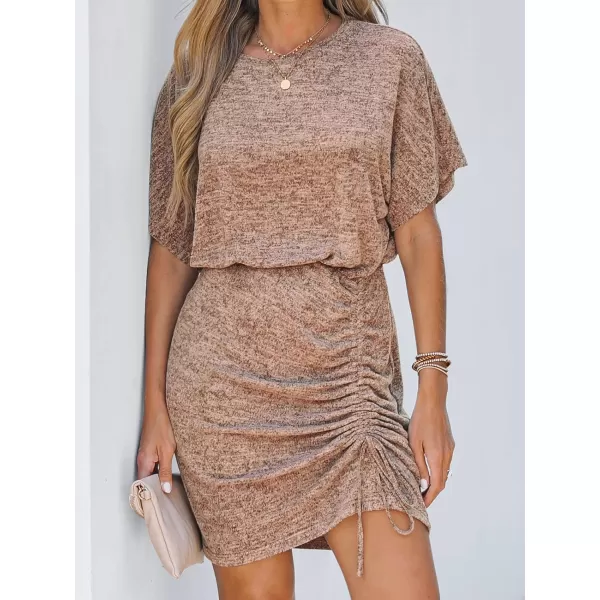 imageCUPSHE Womens Knit Ruched Drawstring Dress Short Dolman Sleeves Round Neckline Dresses Casual SummerBrown