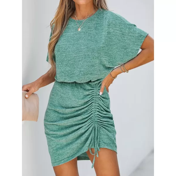 imageCUPSHE Womens Knit Ruched Drawstring Dress Short Dolman Sleeves Round Neckline Dresses Casual SummerGreen