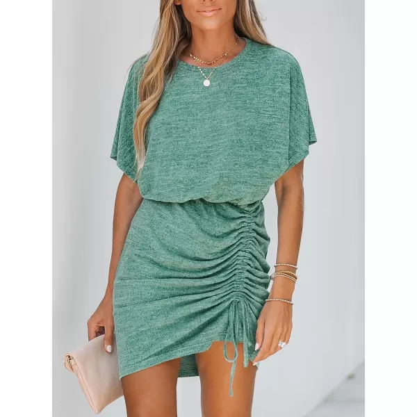 imageCUPSHE Womens Knit Ruched Drawstring Dress Short Dolman Sleeves Round Neckline Dresses Casual SummerGreen