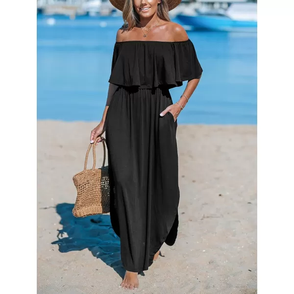 imageCUPSHE Womens Knit Ruffle Maxi Cover Up Dress Off Shoulder Split Hem Summer Dresses Cover Ups with PocketsBlack