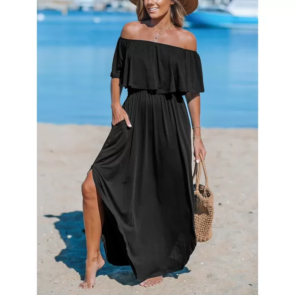 imageCUPSHE Womens Knit Ruffle Maxi Cover Up Dress Off Shoulder Split Hem Summer Dresses Cover Ups with PocketsBlack