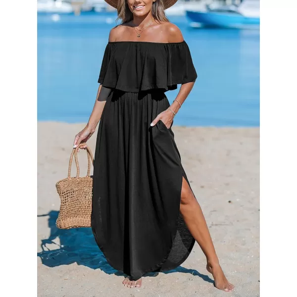 imageCUPSHE Womens Knit Ruffle Maxi Cover Up Dress Off Shoulder Split Hem Summer Dresses Cover Ups with PocketsBlack