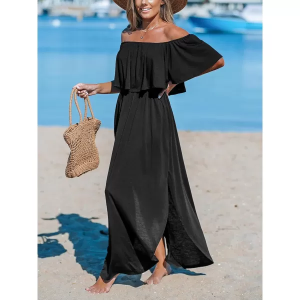 imageCUPSHE Womens Knit Ruffle Maxi Cover Up Dress Off Shoulder Split Hem Summer Dresses Cover Ups with PocketsBlack
