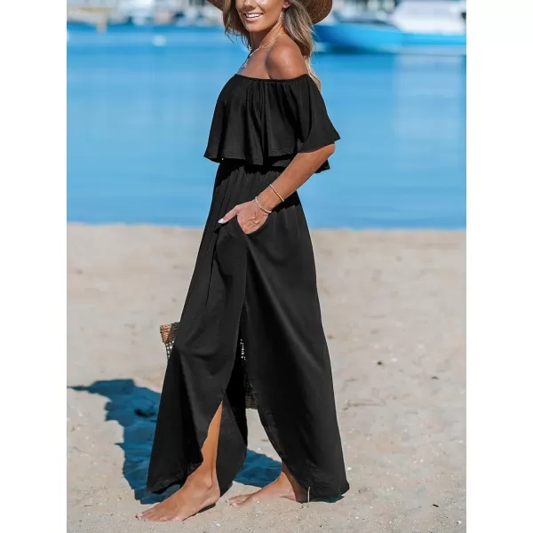 imageCUPSHE Womens Knit Ruffle Maxi Cover Up Dress Off Shoulder Split Hem Summer Dresses Cover Ups with PocketsBlack