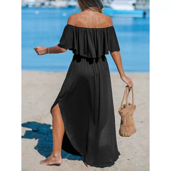 imageCUPSHE Womens Knit Ruffle Maxi Cover Up Dress Off Shoulder Split Hem Summer Dresses Cover Ups with PocketsBlack