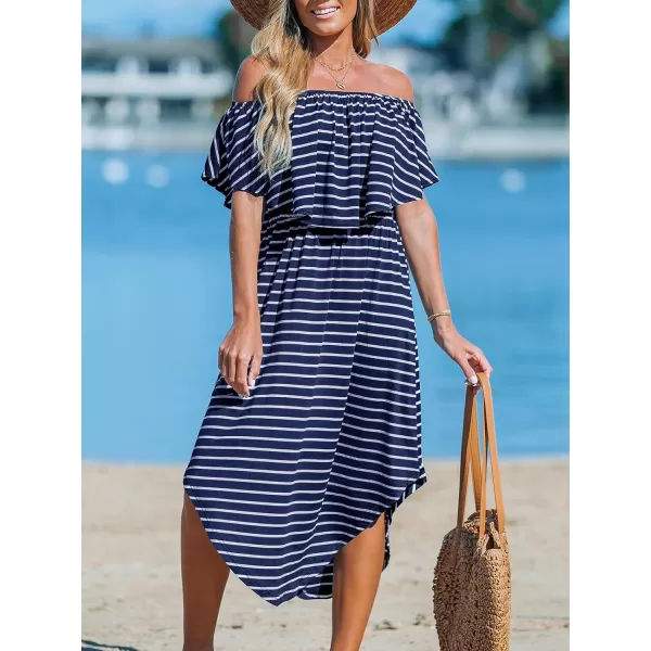 imageCUPSHE Womens Knit Ruffle Maxi Cover Up Dress Off Shoulder Split Hem Summer Dresses Cover Ups with PocketsNavy