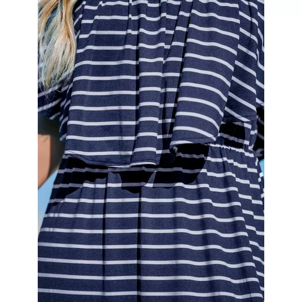 imageCUPSHE Womens Knit Ruffle Maxi Cover Up Dress Off Shoulder Split Hem Summer Dresses Cover Ups with PocketsNavy