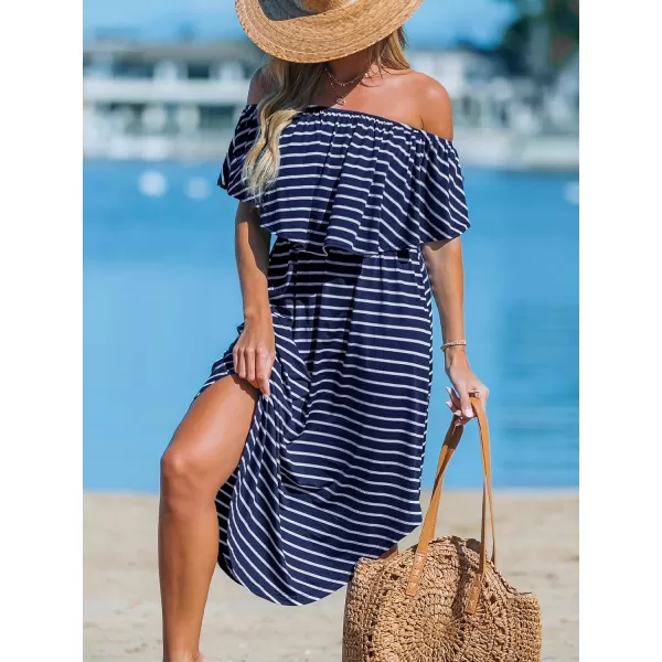 imageCUPSHE Womens Knit Ruffle Maxi Cover Up Dress Off Shoulder Split Hem Summer Dresses Cover Ups with PocketsNavy