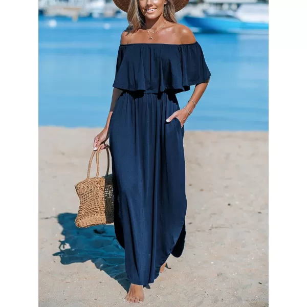 imageCUPSHE Womens Knit Ruffle Maxi Cover Up Dress Off Shoulder Split Hem Summer Dresses Cover Ups with PocketsNavy Blue