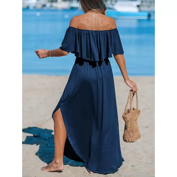imageCUPSHE Womens Knit Ruffle Maxi Cover Up Dress Off Shoulder Split Hem Summer Dresses Cover Ups with PocketsNavy Blue