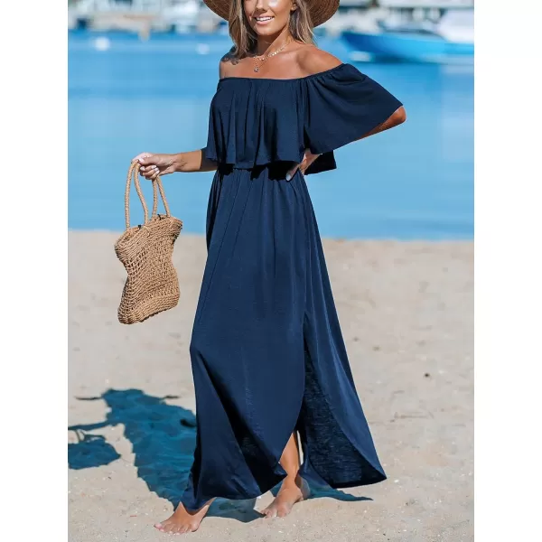 imageCUPSHE Womens Knit Ruffle Maxi Cover Up Dress Off Shoulder Split Hem Summer Dresses Cover Ups with PocketsNavy Blue